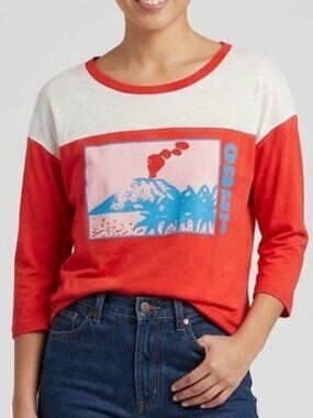 Obey Graphic Volcano Raglan Top Women's Medium Red Streetwear Retro Surf Skate
